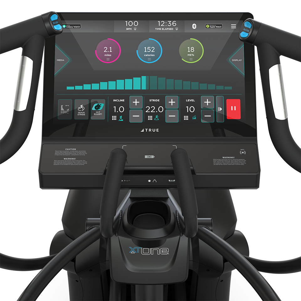 True Fitness XT-One Cross Trainer – user view, Unite 22″ touchscreen