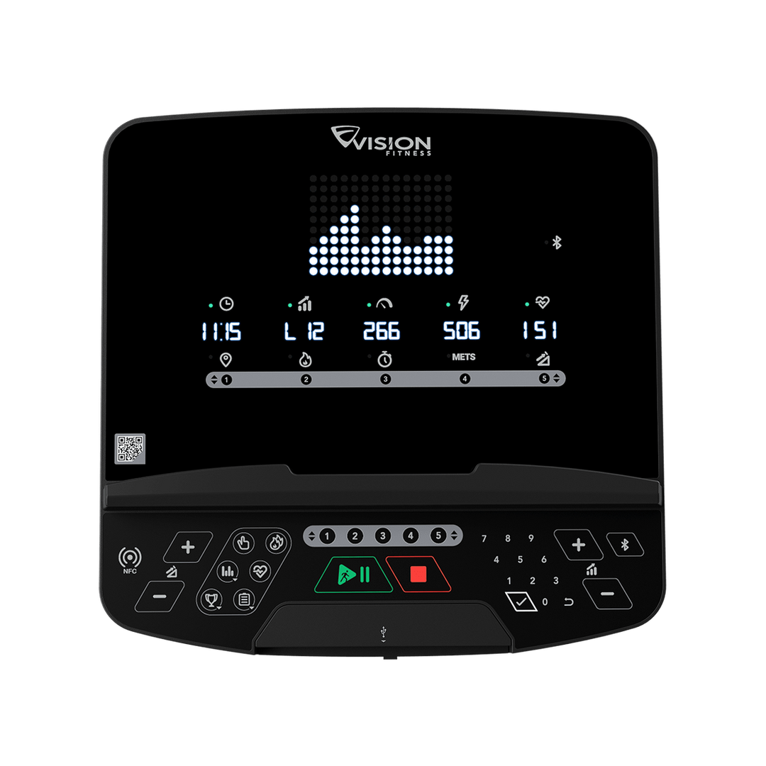 Vision Fitness Summit DLED console with dot-matrix workout profile and keypad