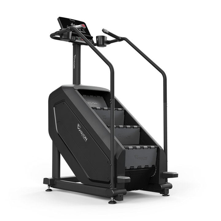 Vision Fitness Summit Stairclimber – front right 3/4 view with console and bottle holders