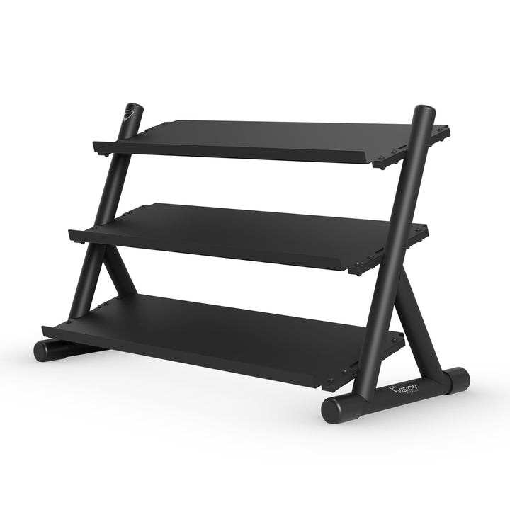 Vision Fitness 300-DBR 3-Tier Dumbbell Rack, empty, front 3/4 view
