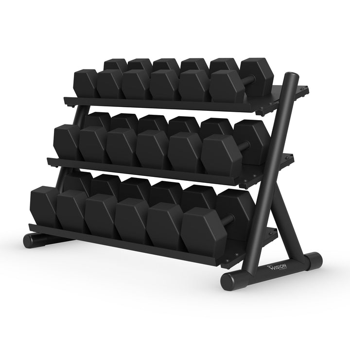 Vision Fitness 300-DBR 3-Tier Dumbbell Rack loaded with dumbbells