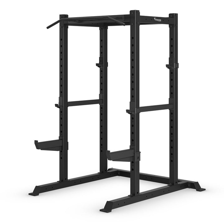 Vision Fitness 300-PR Power Rack with J-hooks and spotter safeties, front 3/4 view