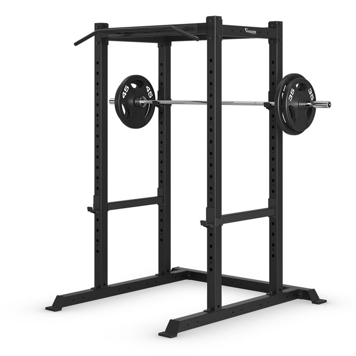 Vision Fitness 300-PR Power Rack with a loaded Olympic barbell on the J-hooks