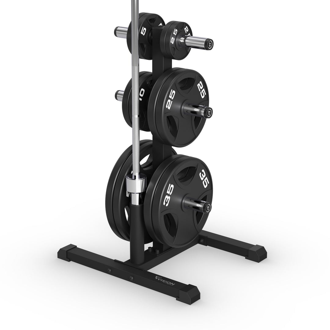 Vision Fitness 300-WPS Weight Plate Storage Rack loaded with weight plates and an Olympic bar