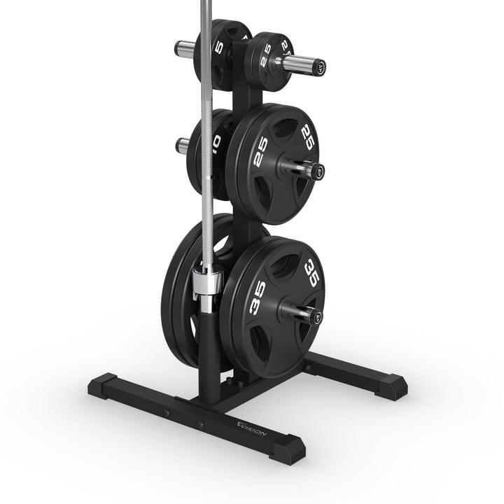 Vision Fitness 300-WPS Weight Plate Storage Rack loaded with weight plates and an Olympic bar