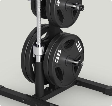Vision Fitness 300-WPS – loaded plate horns and bar storage detail