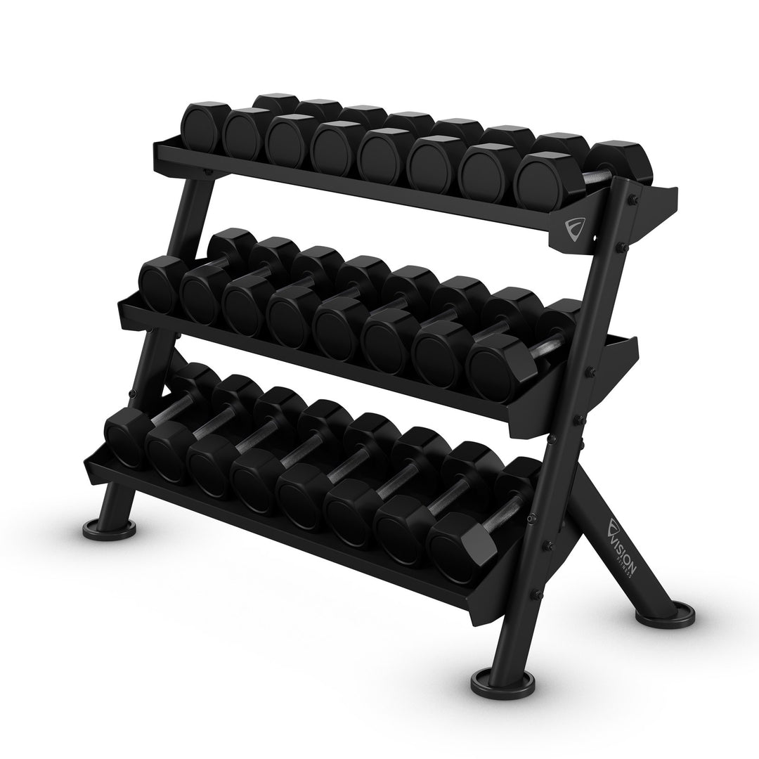 Vision Fitness 400-ADBR Adjustable Dumbbell Rack, 48 inch width loaded with dumbbells