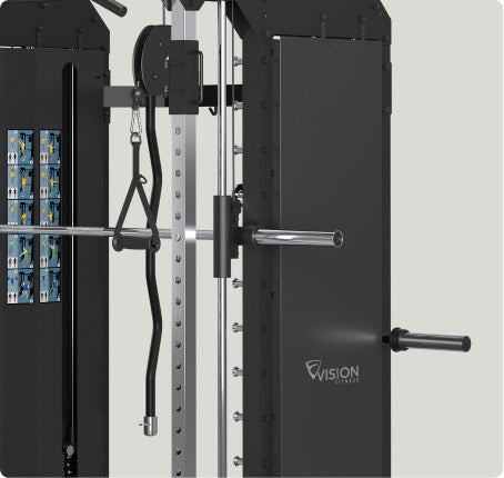 Vision Fitness 400-MTS – side panel with logo and stored curl bar
