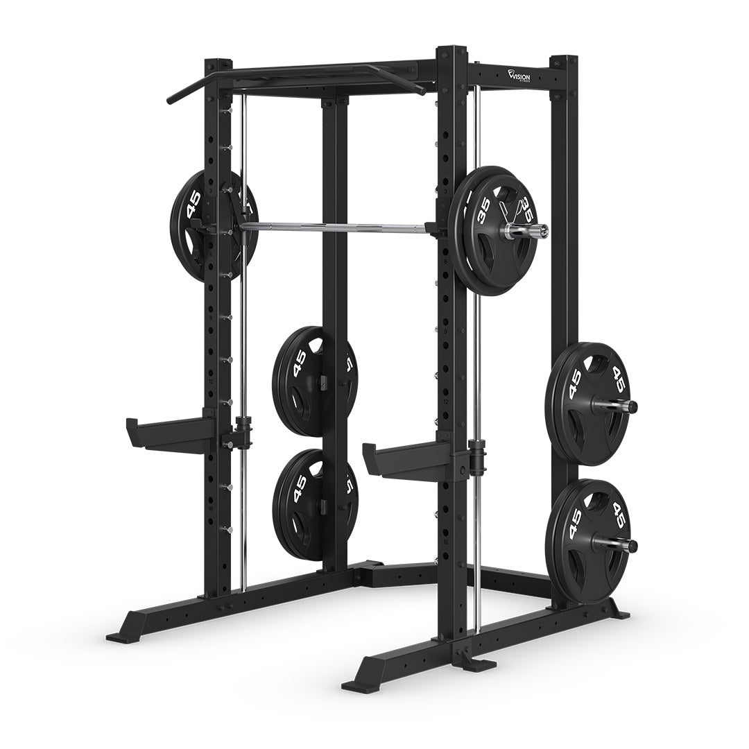 Vision Fitness 400-PR Power Rack with Smith Machine loaded with weight plates on the storage horns